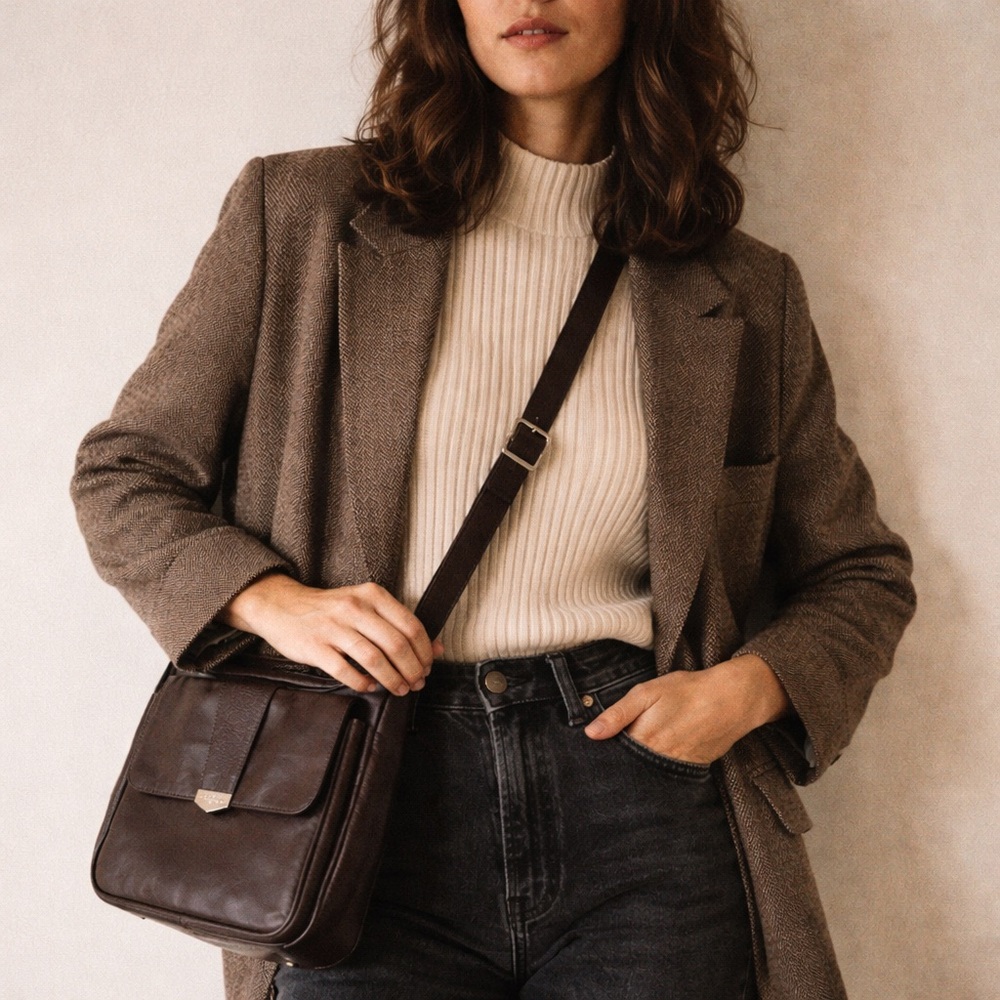 Brown Leather Shoulder Bag Vintage Dark Academia Crossbody Kenneth Cole